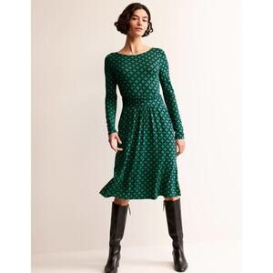 Boden Long Sleeve Ruched Abigail Jersey Midi Dress Green Diamond Terrace Size 8